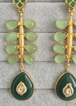 Mint Green Amrapali-inspired Long Gold Fusion Heritage Indian Earrings, Antique Earring With Gold Plating, Fusion earrings, Kundan Fusion
