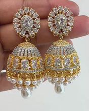 Cubic Zirconia Pearl Jhumki With 2 Tone Rhodium Plating, CZ diamond Jhumka/CZ Indian Jhumka/Pakistani Jewelry/Indian wedding/Gift for her