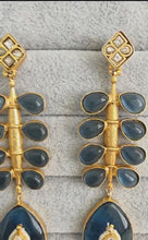 Blue Amrapali-inspired Long Gold Fusion Heritage Indian Earrings, Antique Earring With Gold Plating, Fusion earrings, Kundan Fusion Earring